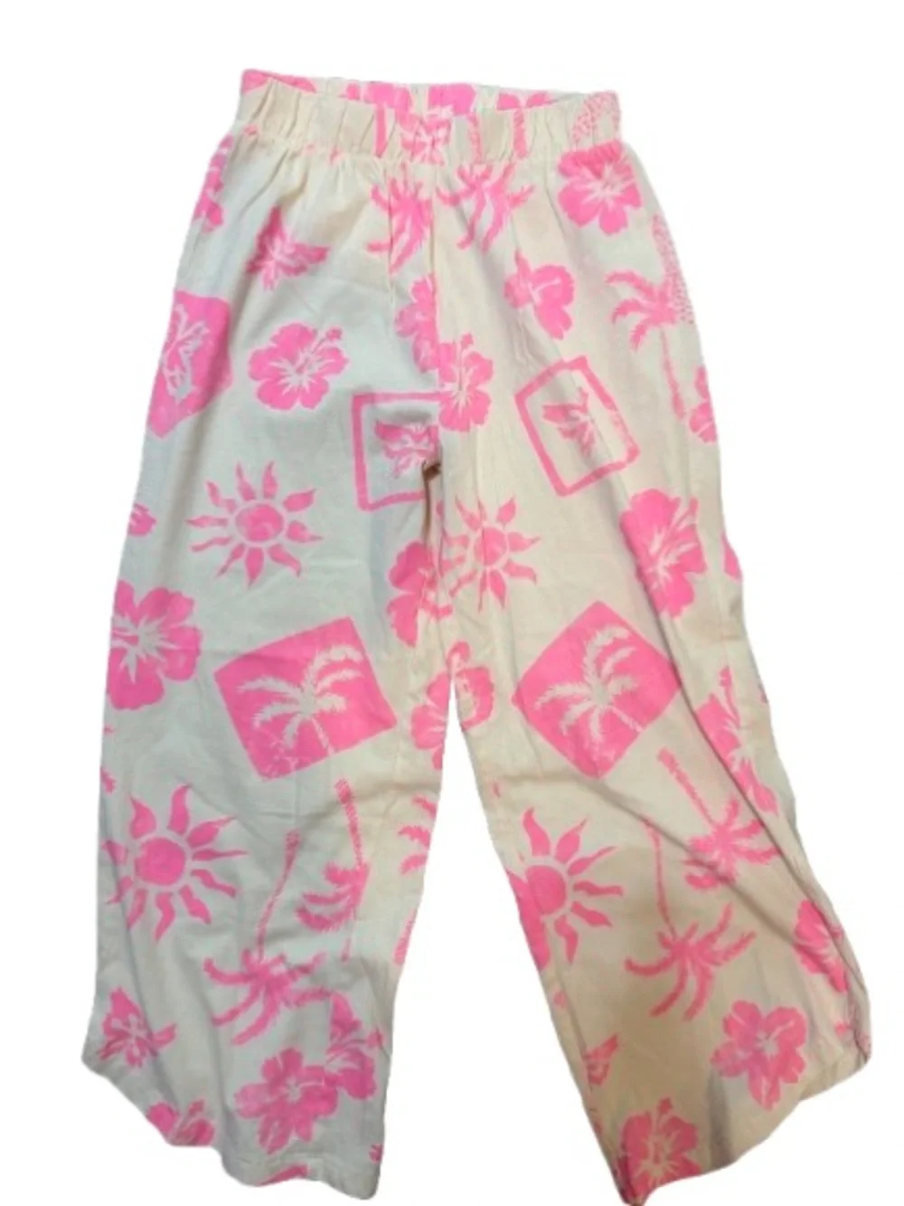Zara Kids Tropical Wide Leg Pants Floral-Palm -Tree -Pink and Cream Size 11-12